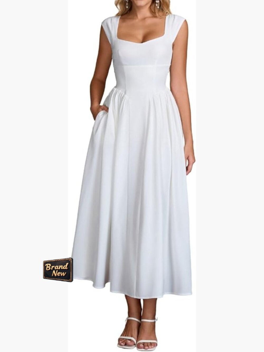 Elegant A-Line Midi Dress with Pockets - Sleeveless Square Neck